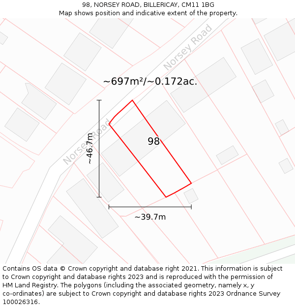 98, NORSEY ROAD, BILLERICAY, CM11 1BG: Plot and title map