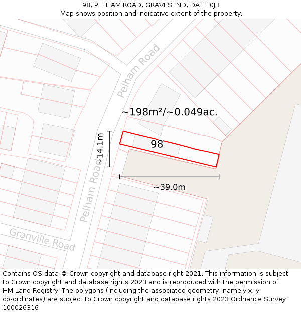 98, PELHAM ROAD, GRAVESEND, DA11 0JB: Plot and title map