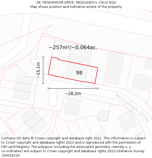 98, PENNYMOOR DRIVE, MIDDLEWICH, CW10 9QQ: Plot and title map