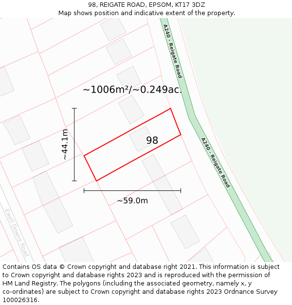 98, REIGATE ROAD, EPSOM, KT17 3DZ: Plot and title map