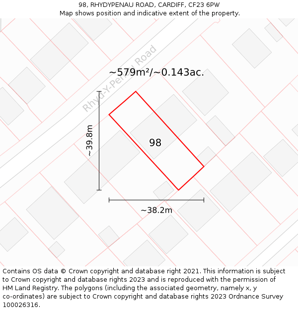 98, RHYDYPENAU ROAD, CARDIFF, CF23 6PW: Plot and title map