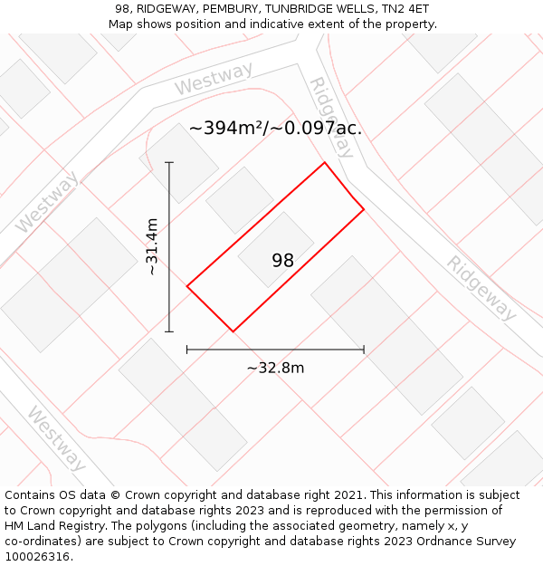 98, RIDGEWAY, PEMBURY, TUNBRIDGE WELLS, TN2 4ET: Plot and title map