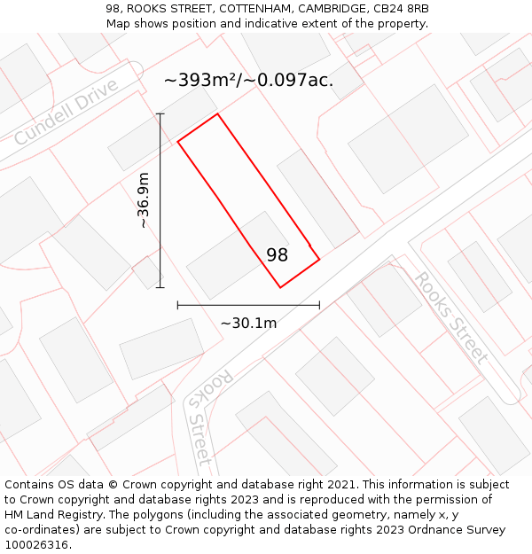 98, ROOKS STREET, COTTENHAM, CAMBRIDGE, CB24 8RB: Plot and title map