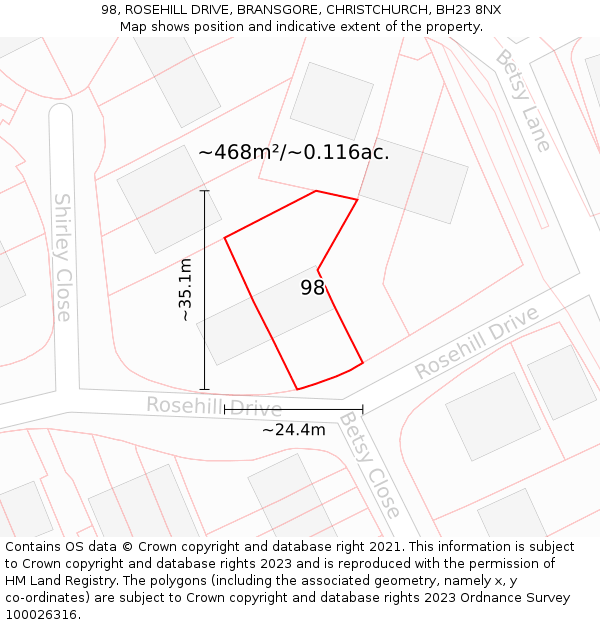 98, ROSEHILL DRIVE, BRANSGORE, CHRISTCHURCH, BH23 8NX: Plot and title map
