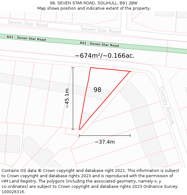 98, SEVEN STAR ROAD, SOLIHULL, B91 2BW: Plot and title map