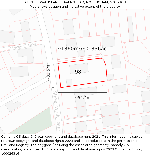 98, SHEEPWALK LANE, RAVENSHEAD, NOTTINGHAM, NG15 9FB: Plot and title map