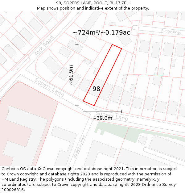 98, SOPERS LANE, POOLE, BH17 7EU: Plot and title map