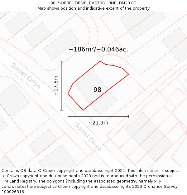98, SORREL DRIVE, EASTBOURNE, BN23 8BJ: Plot and title map