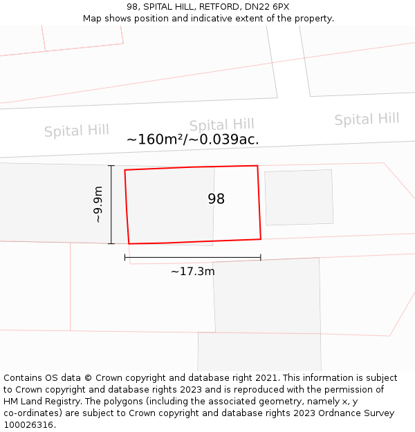 98, SPITAL HILL, RETFORD, DN22 6PX: Plot and title map