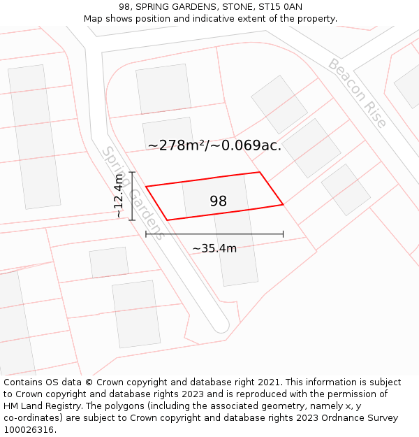 98, SPRING GARDENS, STONE, ST15 0AN: Plot and title map