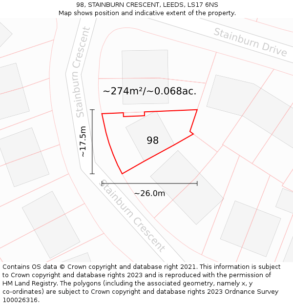 98, STAINBURN CRESCENT, LEEDS, LS17 6NS: Plot and title map