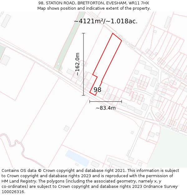 98, STATION ROAD, BRETFORTON, EVESHAM, WR11 7HX: Plot and title map