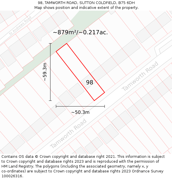 98, TAMWORTH ROAD, SUTTON COLDFIELD, B75 6DH: Plot and title map