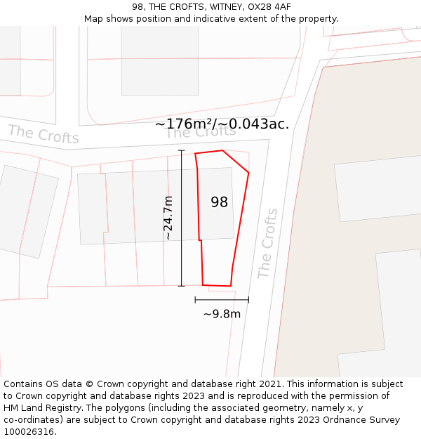 98, THE CROFTS, WITNEY, OX28 4AF: Plot and title map