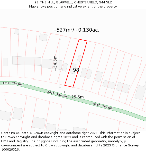 98, THE HILL, GLAPWELL, CHESTERFIELD, S44 5LZ: Plot and title map
