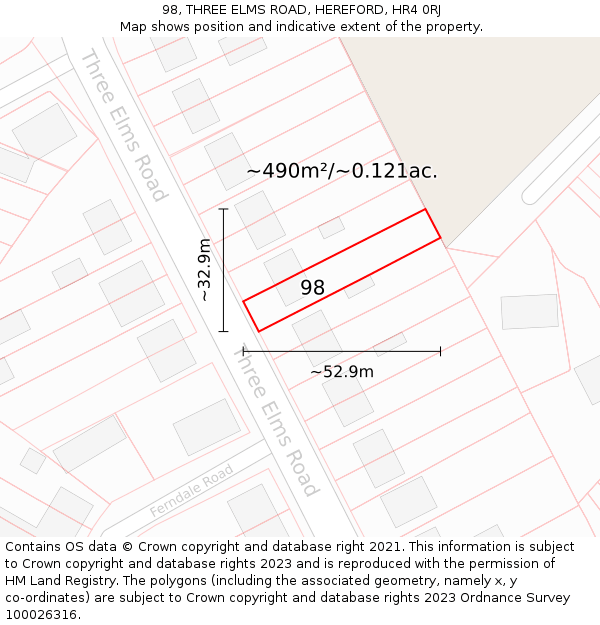 98, THREE ELMS ROAD, HEREFORD, HR4 0RJ: Plot and title map