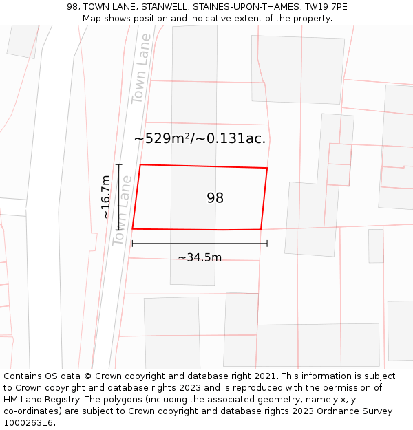 98, TOWN LANE, STANWELL, STAINES-UPON-THAMES, TW19 7PE: Plot and title map