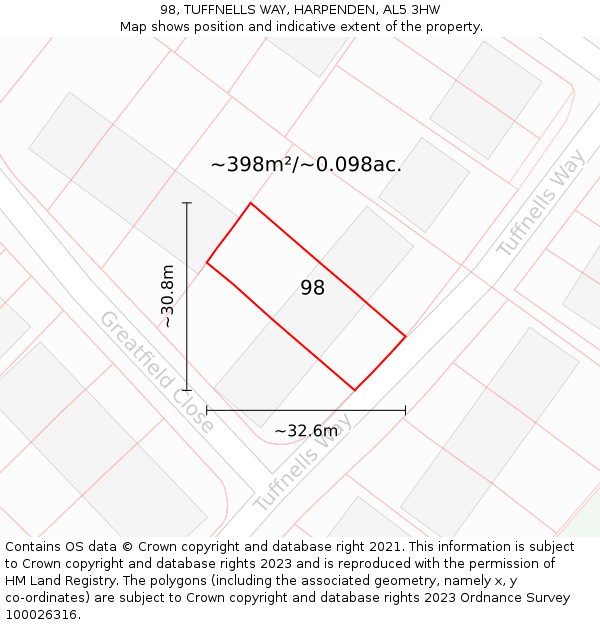 98, TUFFNELLS WAY, HARPENDEN, AL5 3HW: Plot and title map