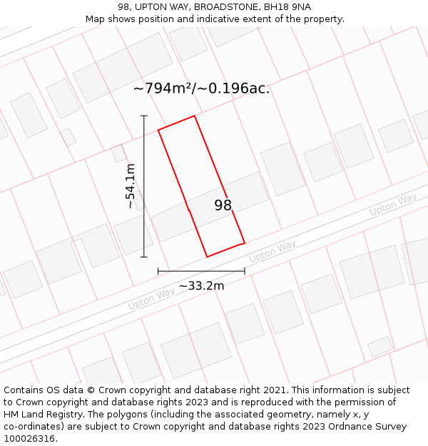 98, UPTON WAY, BROADSTONE, BH18 9NA: Plot and title map