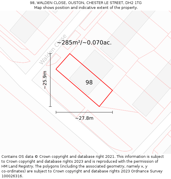 98, WALDEN CLOSE, OUSTON, CHESTER LE STREET, DH2 1TG: Plot and title map