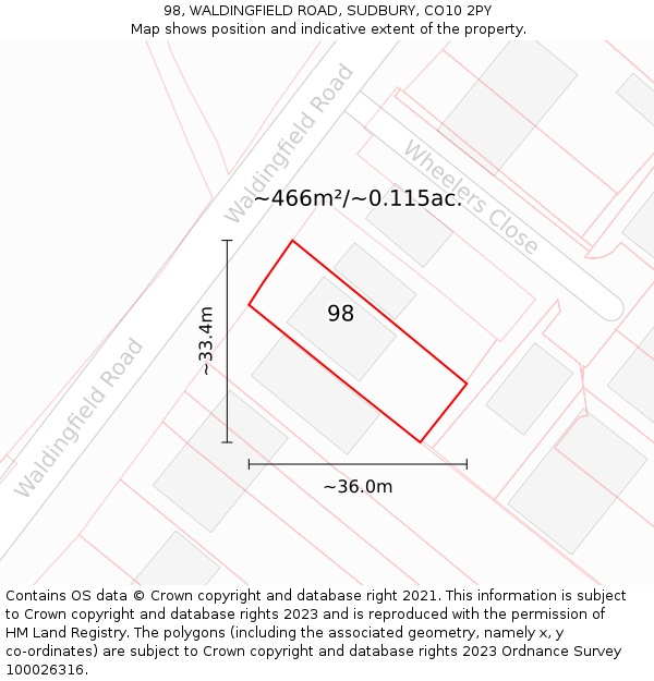 98, WALDINGFIELD ROAD, SUDBURY, CO10 2PY: Plot and title map