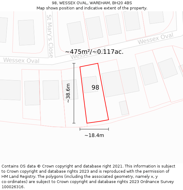 98, WESSEX OVAL, WAREHAM, BH20 4BS: Plot and title map