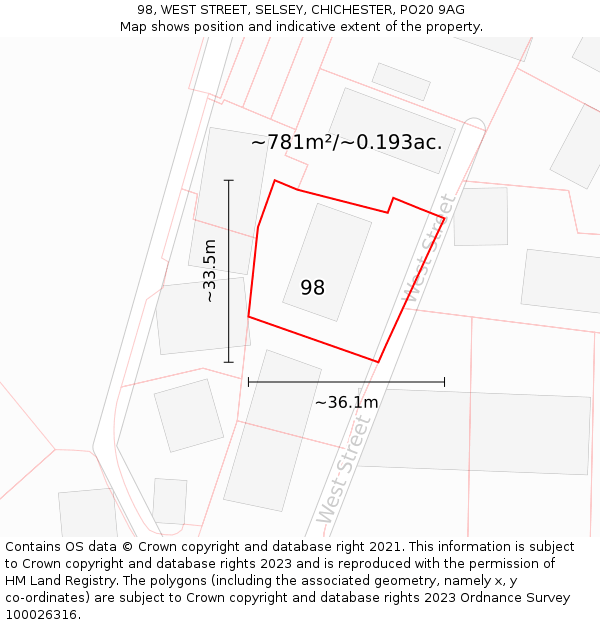98, WEST STREET, SELSEY, CHICHESTER, PO20 9AG: Plot and title map