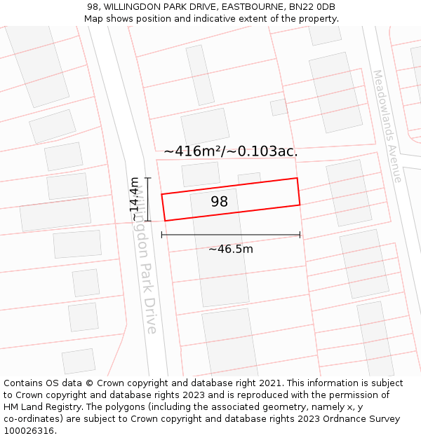 98, WILLINGDON PARK DRIVE, EASTBOURNE, BN22 0DB: Plot and title map