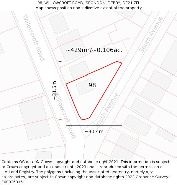 98, WILLOWCROFT ROAD, SPONDON, DERBY, DE21 7FL: Plot and title map