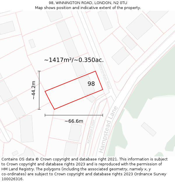 98, WINNINGTON ROAD, LONDON, N2 0TU: Plot and title map