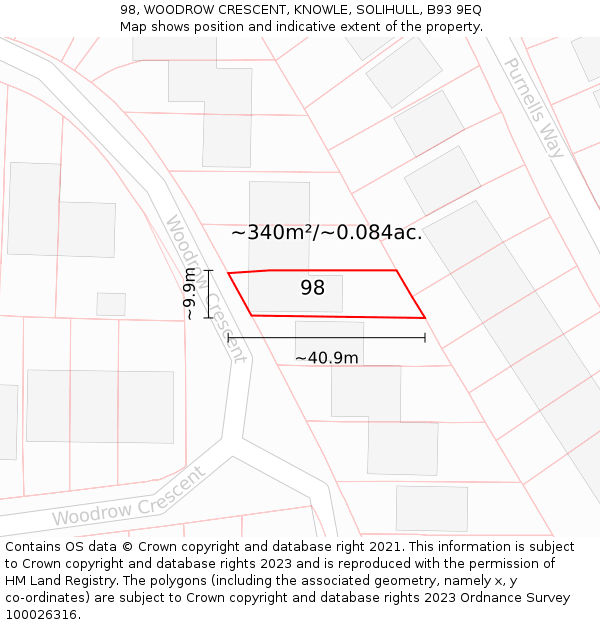 98, WOODROW CRESCENT, KNOWLE, SOLIHULL, B93 9EQ: Plot and title map