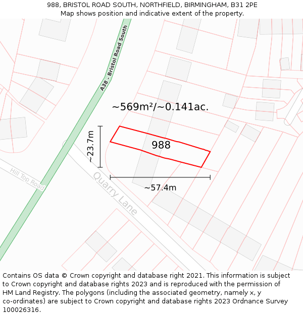 988, BRISTOL ROAD SOUTH, NORTHFIELD, BIRMINGHAM, B31 2PE: Plot and title map