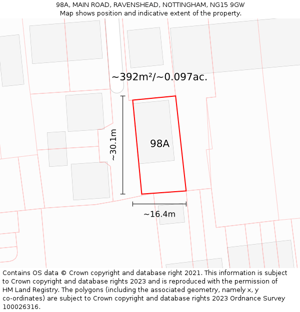98A, MAIN ROAD, RAVENSHEAD, NOTTINGHAM, NG15 9GW: Plot and title map