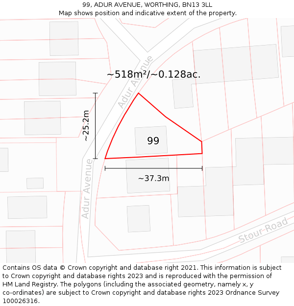 99, ADUR AVENUE, WORTHING, BN13 3LL: Plot and title map
