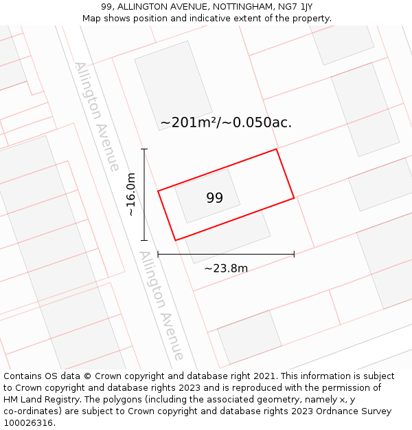 99, ALLINGTON AVENUE, NOTTINGHAM, NG7 1JY: Plot and title map