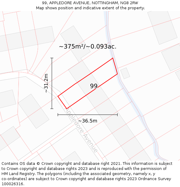 99, APPLEDORE AVENUE, NOTTINGHAM, NG8 2RW: Plot and title map