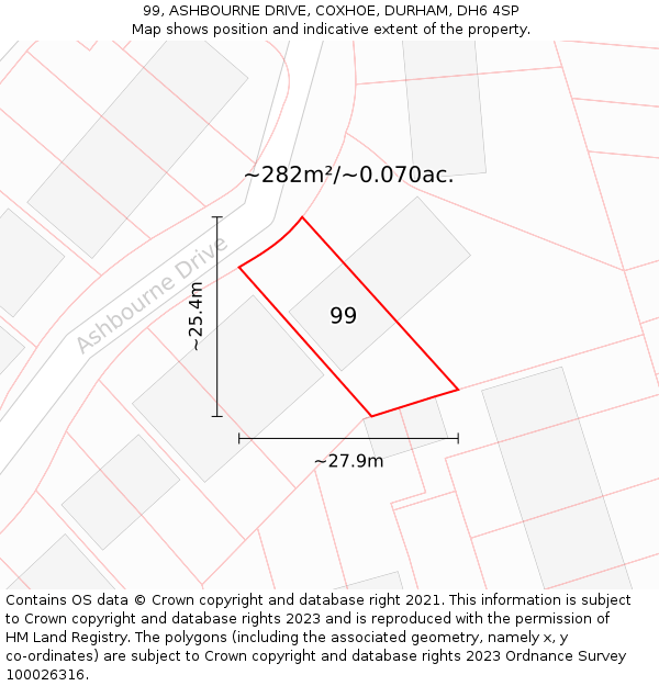 99, ASHBOURNE DRIVE, COXHOE, DURHAM, DH6 4SP: Plot and title map