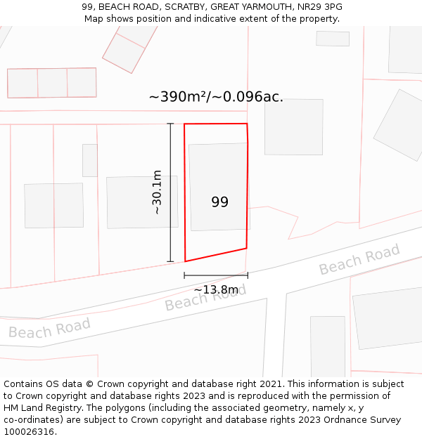 99, BEACH ROAD, SCRATBY, GREAT YARMOUTH, NR29 3PG: Plot and title map