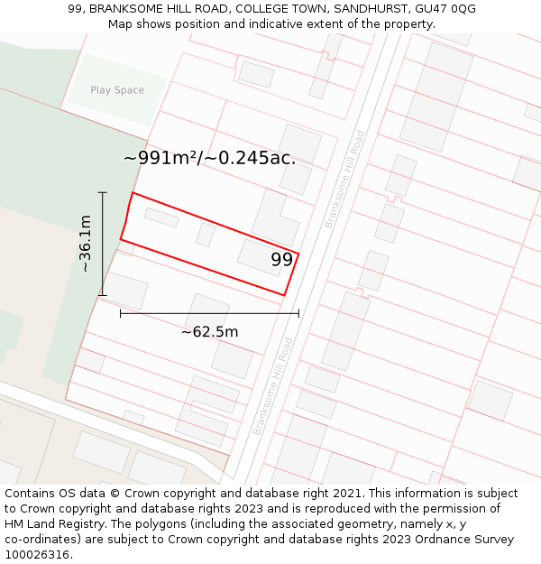 99, BRANKSOME HILL ROAD, COLLEGE TOWN, SANDHURST, GU47 0QG: Plot and title map