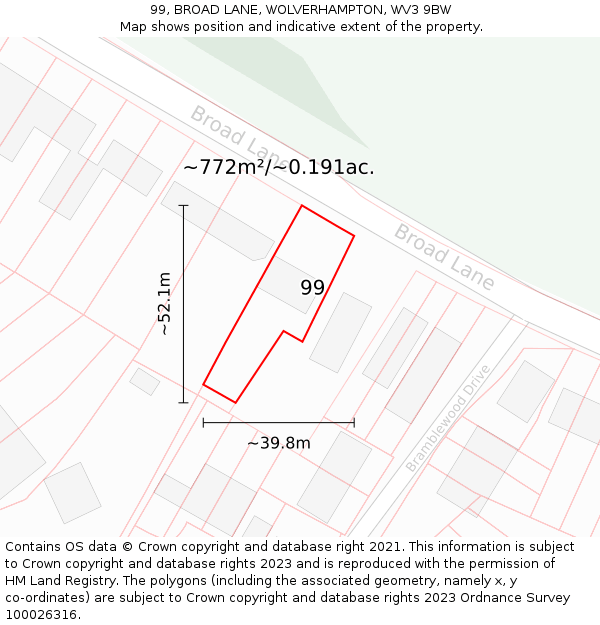 99, BROAD LANE, WOLVERHAMPTON, WV3 9BW: Plot and title map