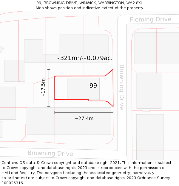99, BROWNING DRIVE, WINWICK, WARRINGTON, WA2 8XL: Plot and title map