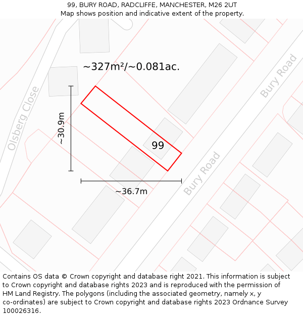 99, BURY ROAD, RADCLIFFE, MANCHESTER, M26 2UT: Plot and title map