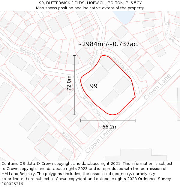 99, BUTTERWICK FIELDS, HORWICH, BOLTON, BL6 5GY: Plot and title map