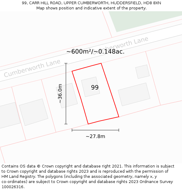 99, CARR HILL ROAD, UPPER CUMBERWORTH, HUDDERSFIELD, HD8 8XN: Plot and title map