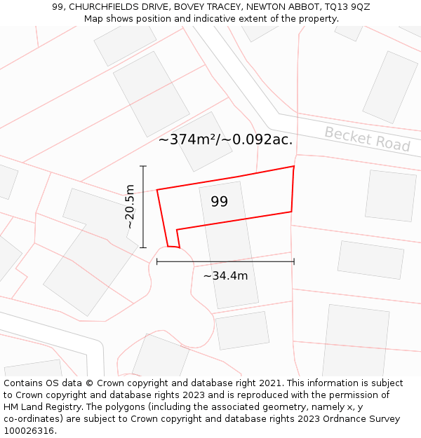 99, CHURCHFIELDS DRIVE, BOVEY TRACEY, NEWTON ABBOT, TQ13 9QZ: Plot and title map