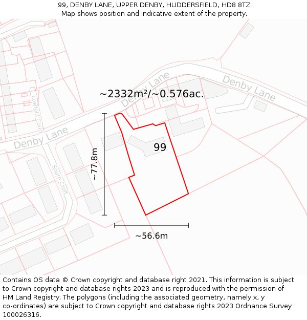 99, DENBY LANE, UPPER DENBY, HUDDERSFIELD, HD8 8TZ: Plot and title map