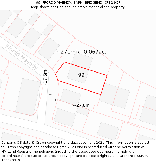 99, FFORDD MAENDY, SARN, BRIDGEND, CF32 9GF: Plot and title map