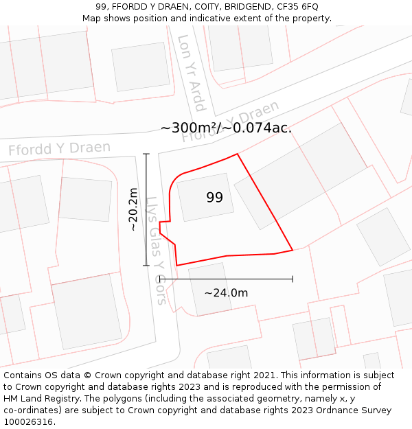 99, FFORDD Y DRAEN, COITY, BRIDGEND, CF35 6FQ: Plot and title map