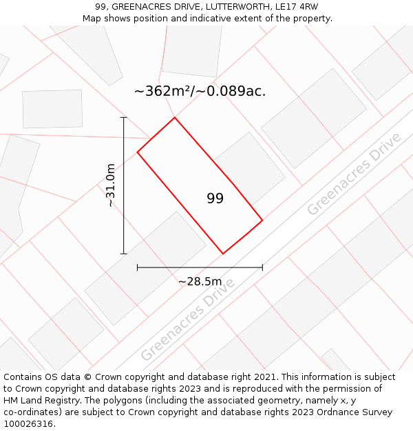 99, GREENACRES DRIVE, LUTTERWORTH, LE17 4RW: Plot and title map