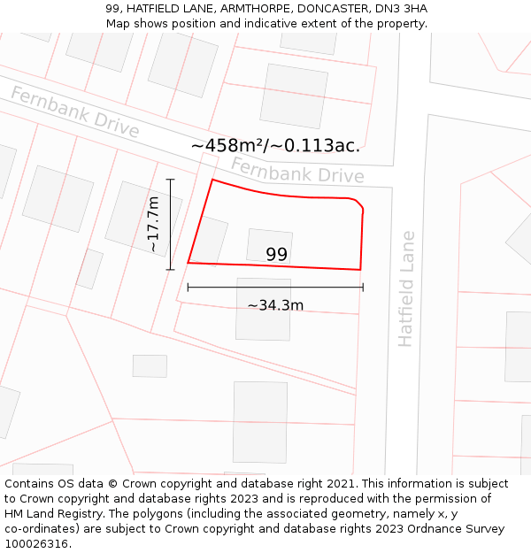 99, HATFIELD LANE, ARMTHORPE, DONCASTER, DN3 3HA: Plot and title map